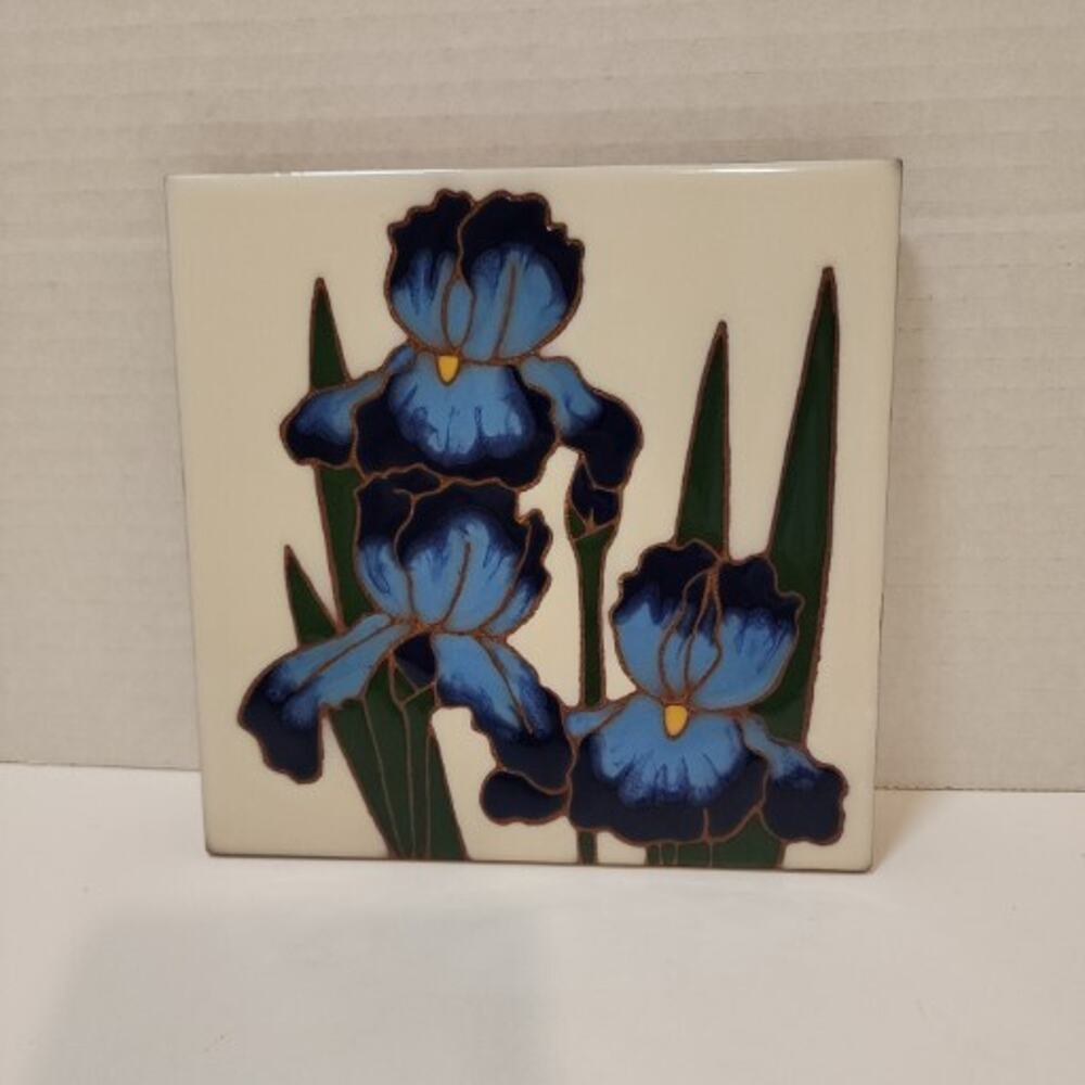Vtg Siegel Arts Hand Painted Art Tile Bearded Blue Irises Trivet 6x6"